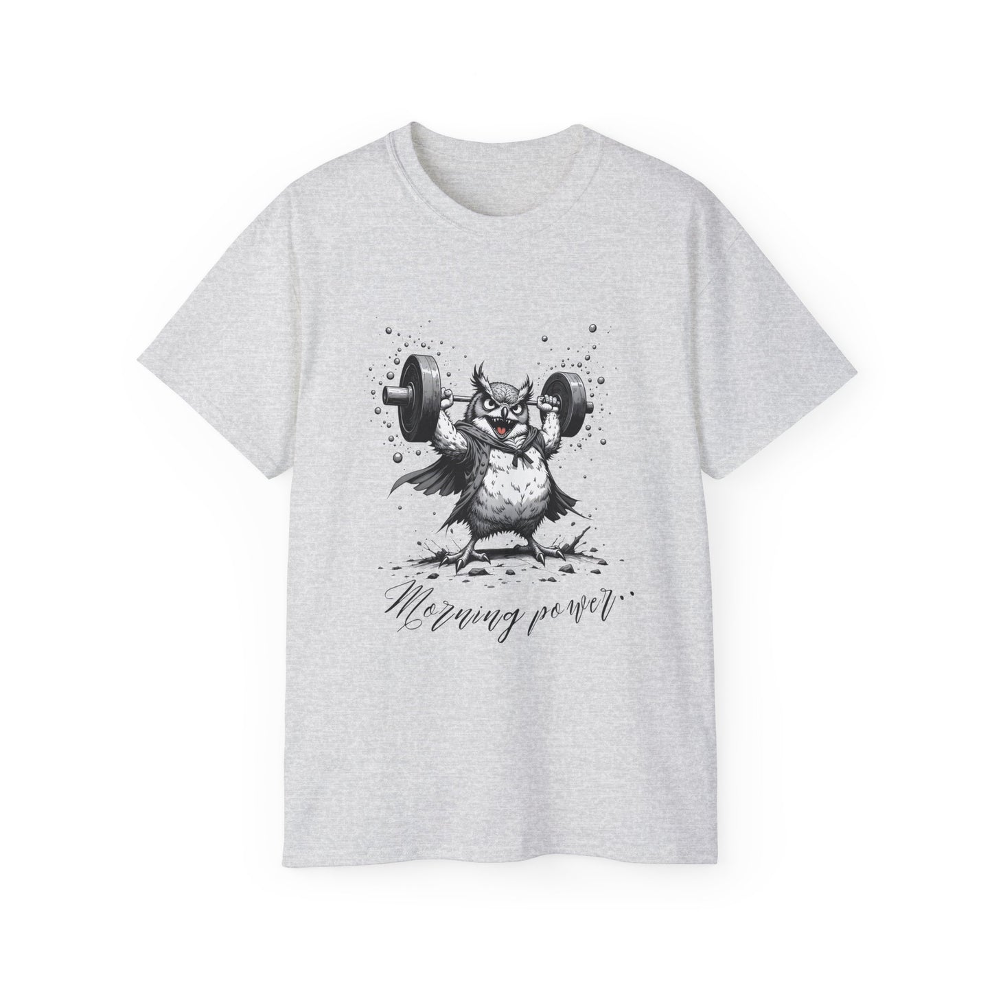 Weightlifting Owl Graphic Tee — "Morning Power" Fitness T-Shirt