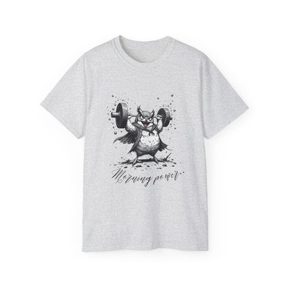 Weightlifting Owl Graphic Tee — "Morning Power" Fitness T-Shirt