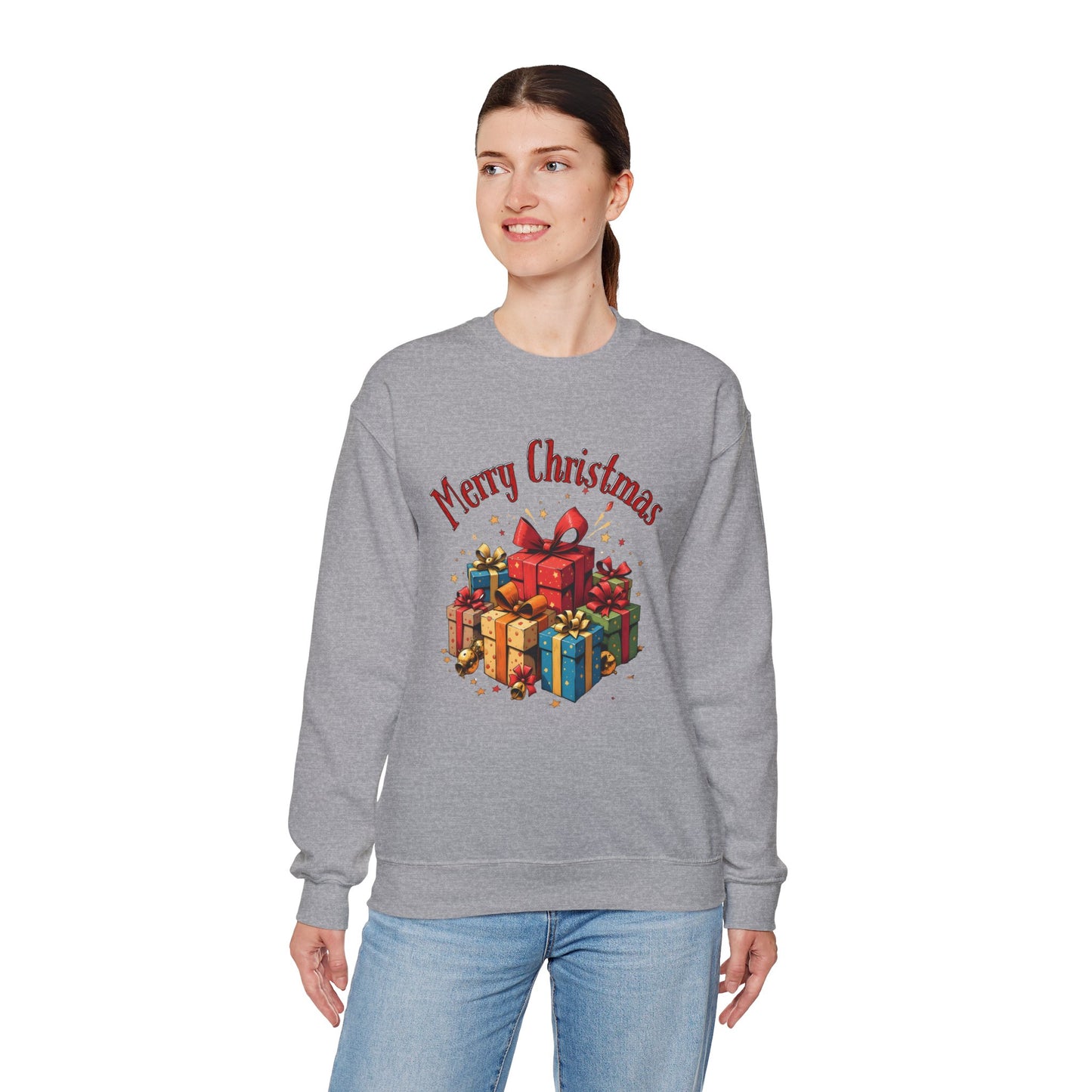 Christmas Crewneck Sweatshirt — "Merry Christmas" with Festive Gift Pile