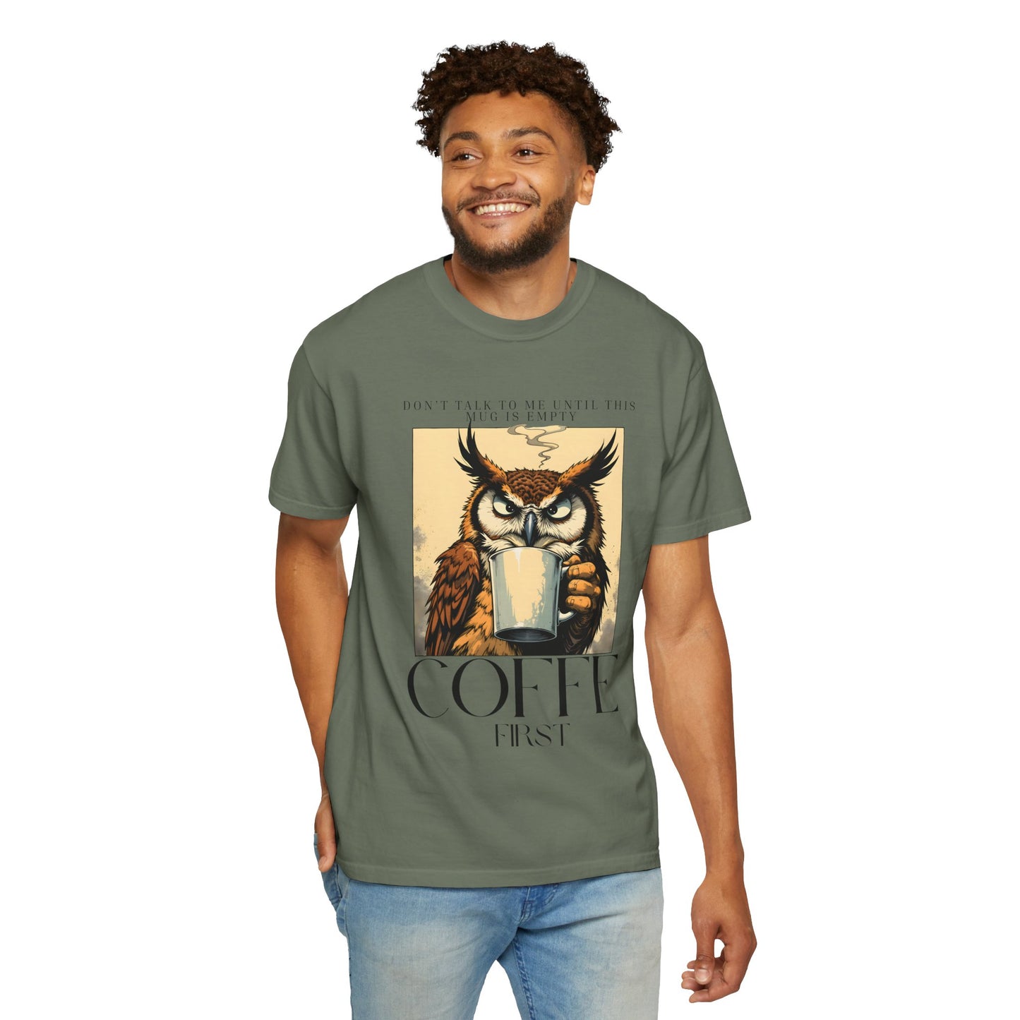 Coffee First Owl T-Shirt — Vintage Coffee Lover Graphic Tee