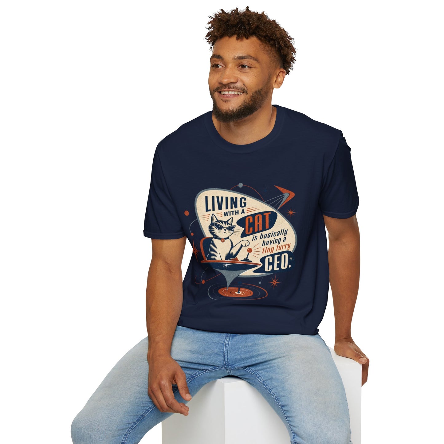 Cat T-Shirt — "Living with a Cat is Basically Having a Furry CEO" Retro Graphic