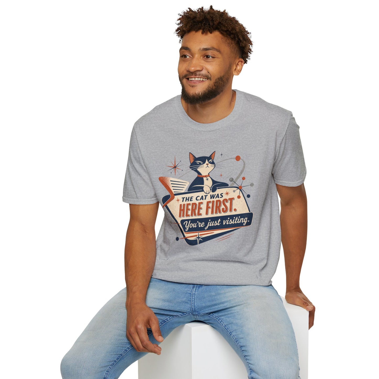 Cat Was Here First T-Shirt — Retro Mid-Century Kitty "You’re Just Visiting" Tee