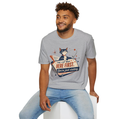 Cat Was Here First T-Shirt — Retro Mid-Century Kitty "You’re Just Visiting" Tee