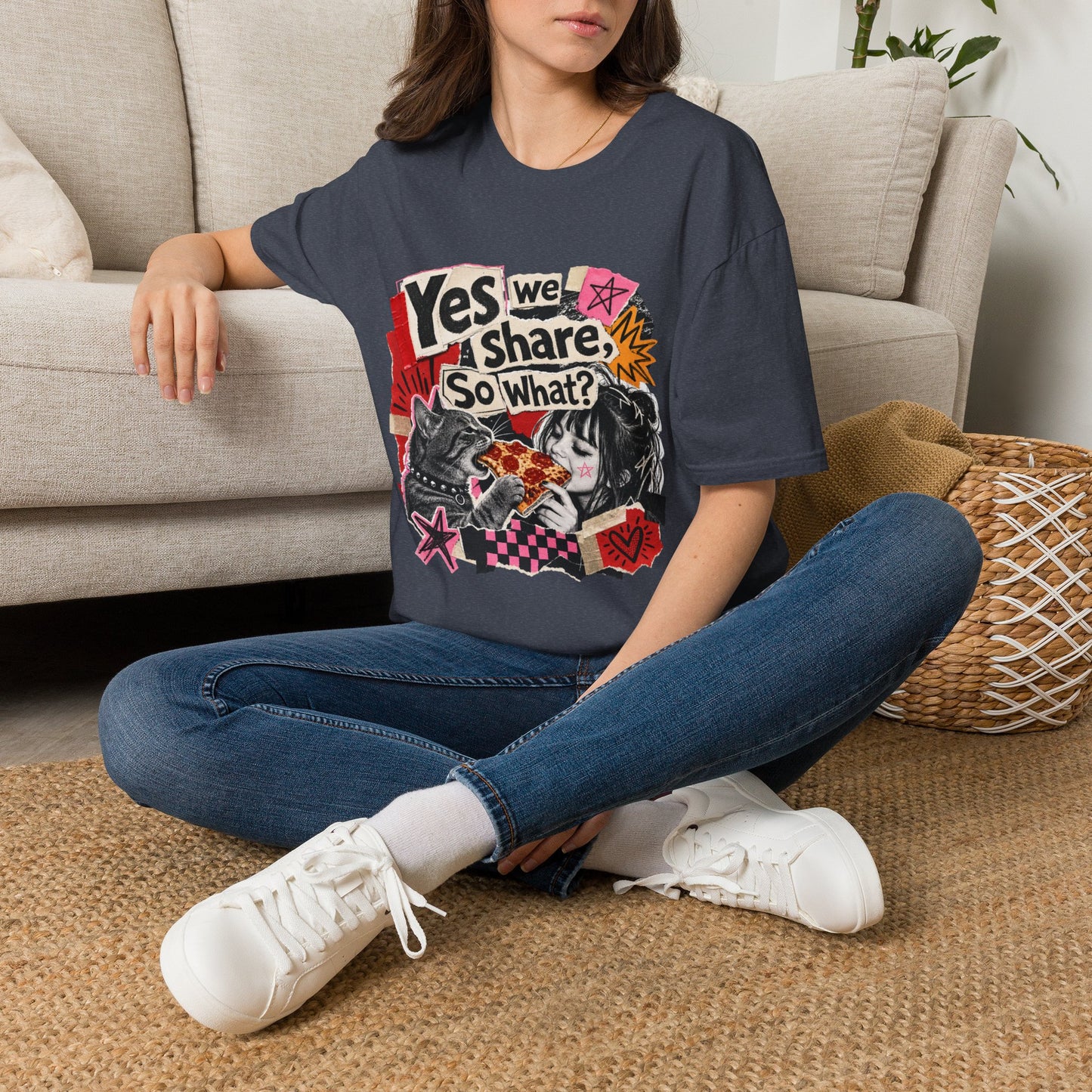 T-Shirt — "Yes We Share, So What?" Retro Collage Graphic Tee