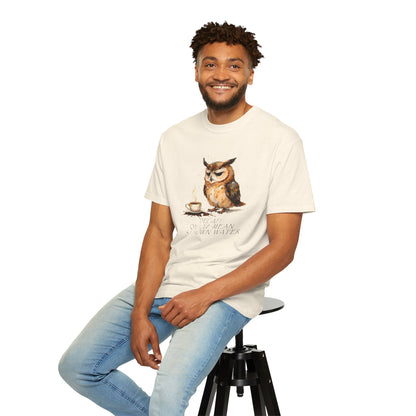 Owl Tea Graphic T-Shirt — “Decaf? Of Course I Mean Half‑Caf With Water”