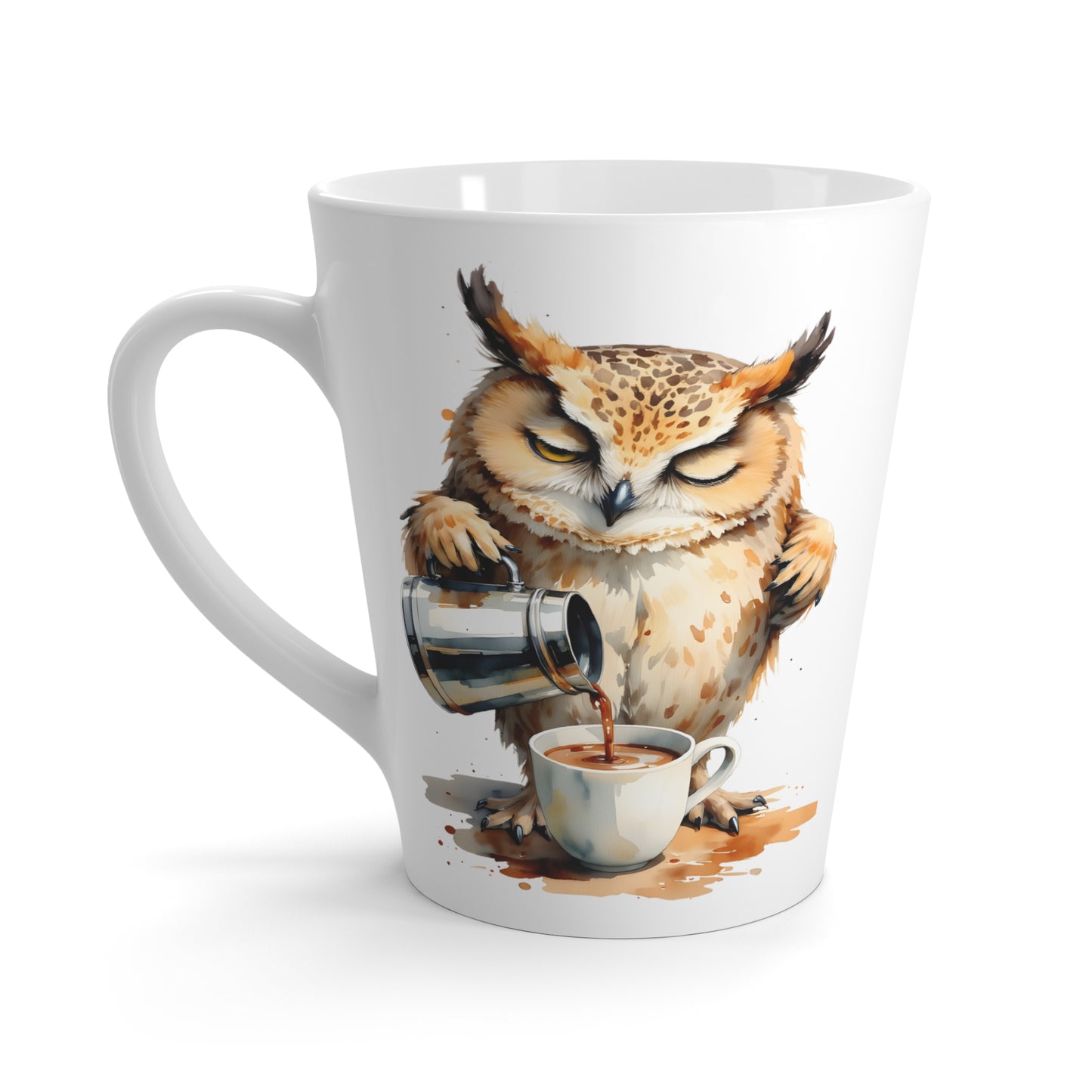 Latte Mug — Sleepy Owl Pouring Coffee Ceramic Mug, Funny Coffee Lover Gift