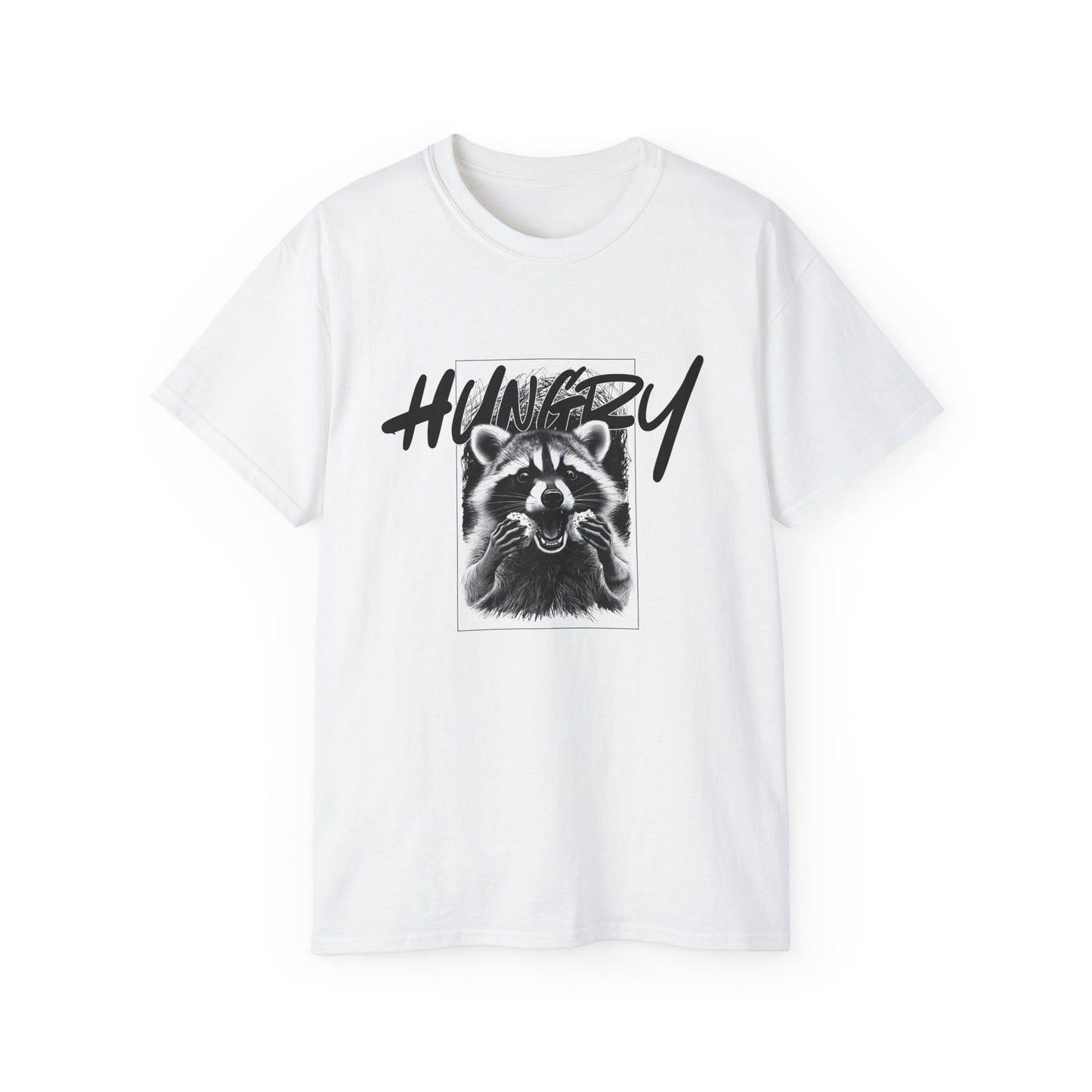Hungry Raccoon Graphic Tee – Vintage Black & White Animal T-Shirt