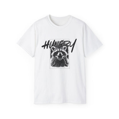 Hungry Raccoon Graphic Tee – Vintage Black & White Animal T-Shirt
