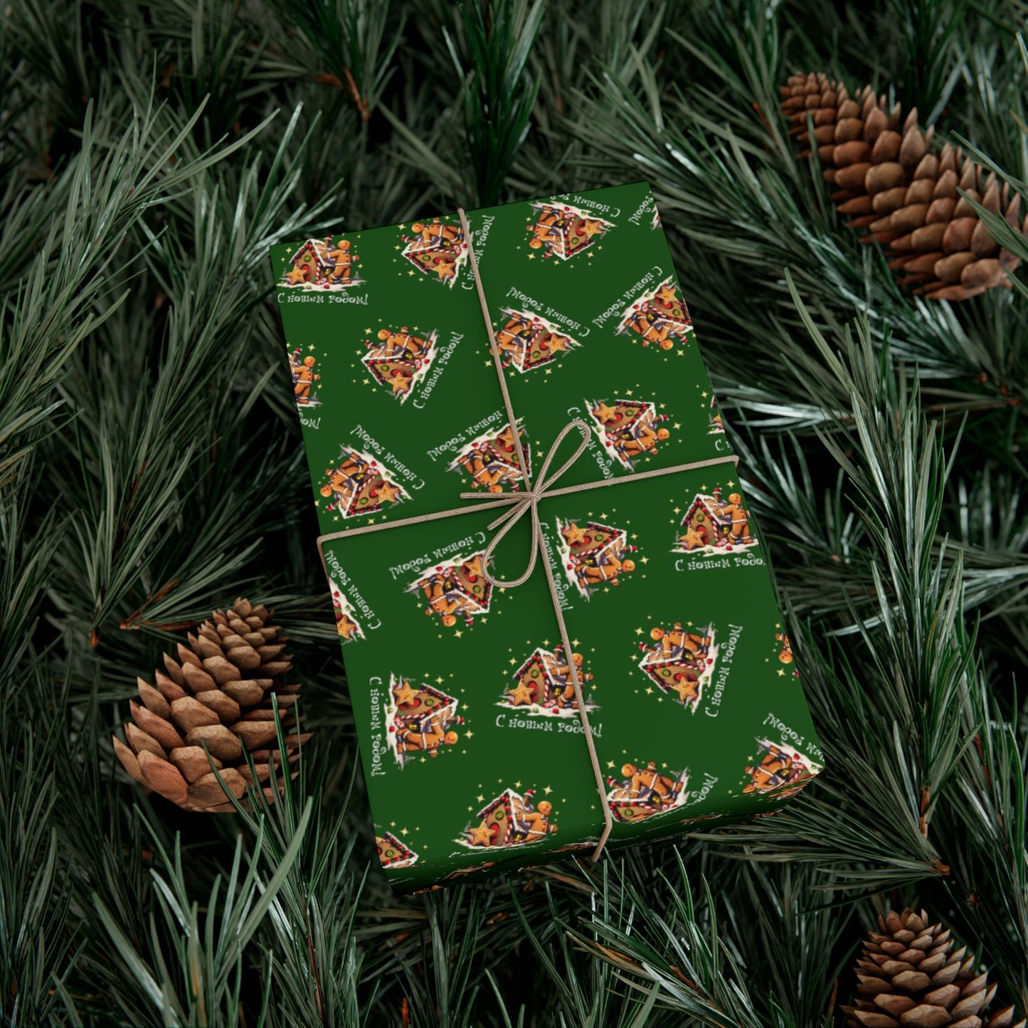 Gift Wrap Paper - Festive Green Holiday Pattern with Gingerbread Houses