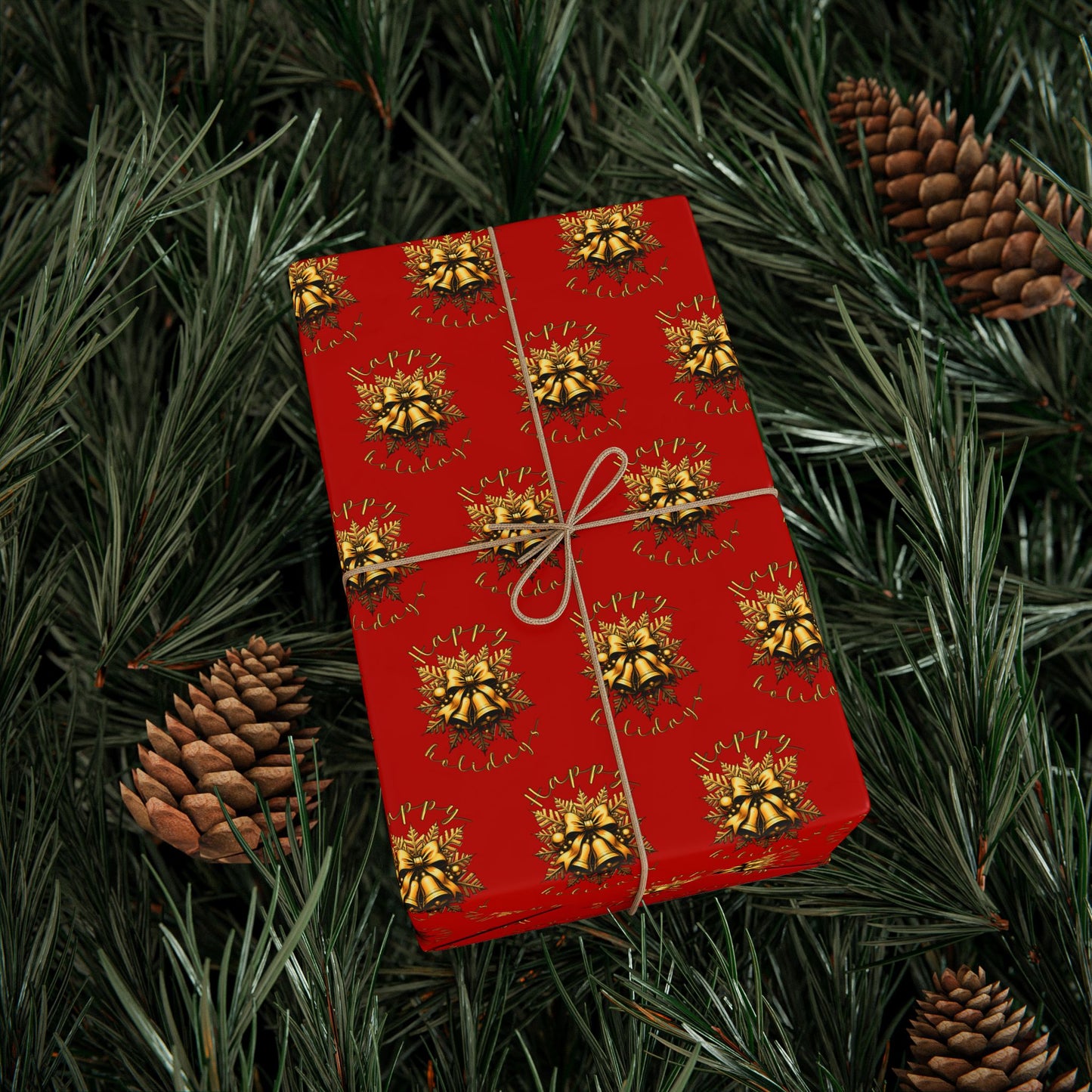 Christmas Wrapping Paper – Red with Gold Pinecone Pattern