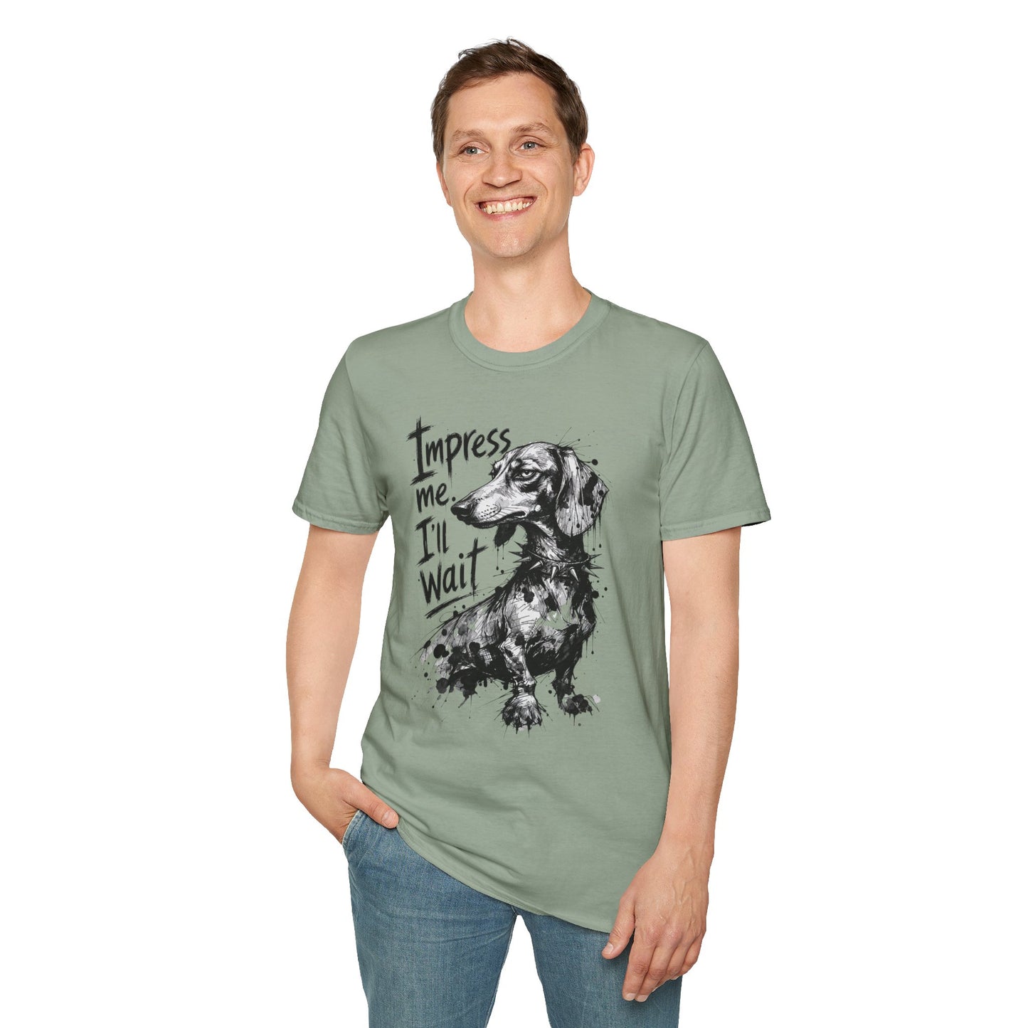 Dachshund Graphic Tee — "Impress Me. I'll Wait" Dog Lover T-Shirt