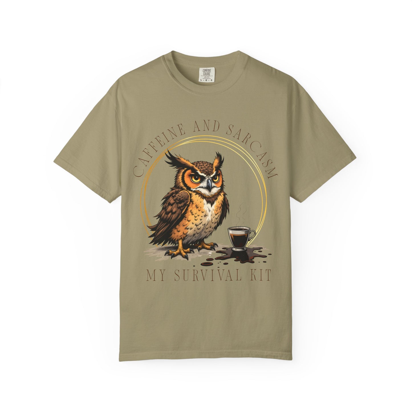 Coffee & Sarcasm Owl T-Shirt — "My Survival Kit" Graphic Tee