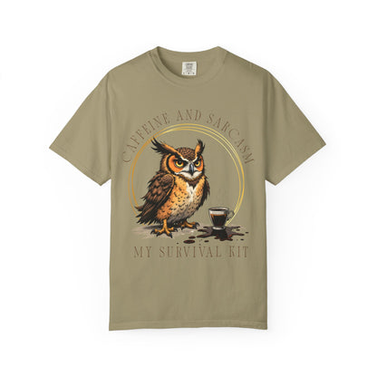 Coffee & Sarcasm Owl T-Shirt — "My Survival Kit" Graphic Tee