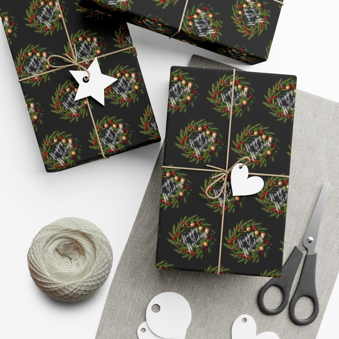 Christmas Wreath Gift Wrap Paper — Dark Holiday Wrapping Paper (Pack)
