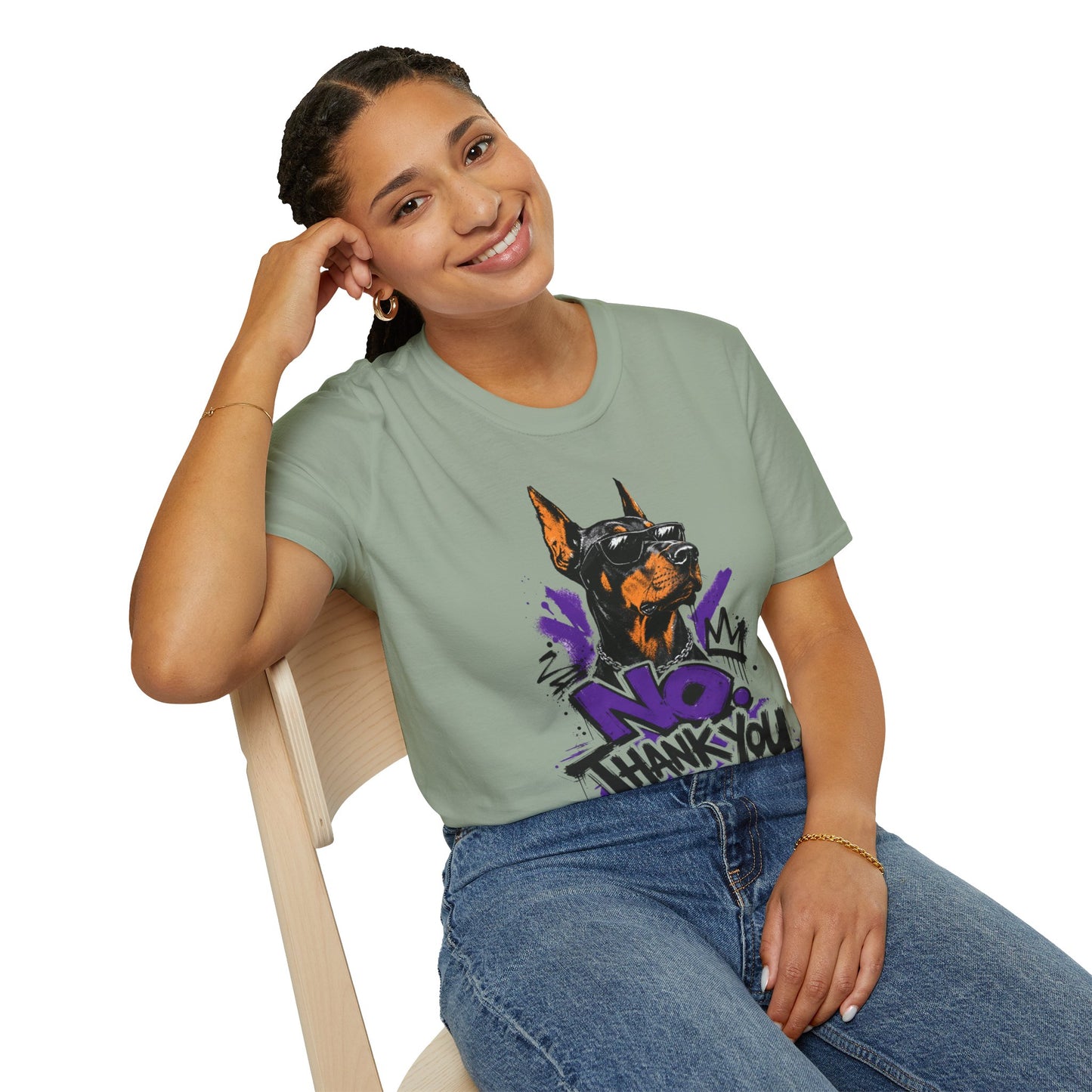 Doberman Graphic Tee — 'No, Thank You' Street Art T-Shirt