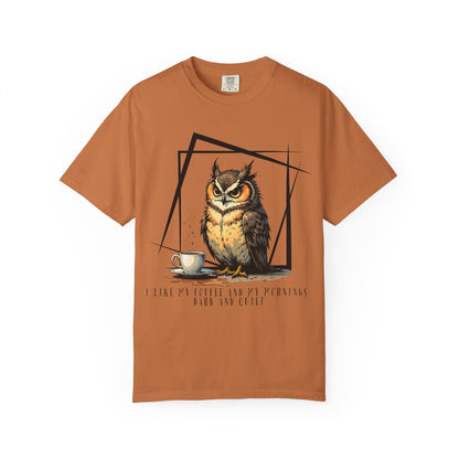 Owl & Coffee Graphic T-Shirt — 'A Day to Coffee and Contemplate'