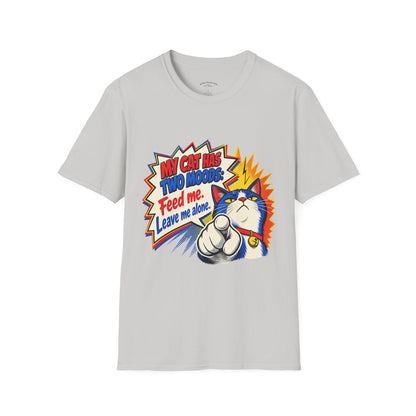 Cat T-Shirt — "My Cat Has Two Moods: Feed Me, Leave Me Alone" Funny Retro Comic Tee