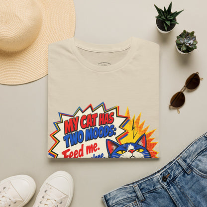 Cat T-Shirt — "My Cat Has Two Moods: Feed Me, Leave Me Alone" Funny Retro Comic Tee