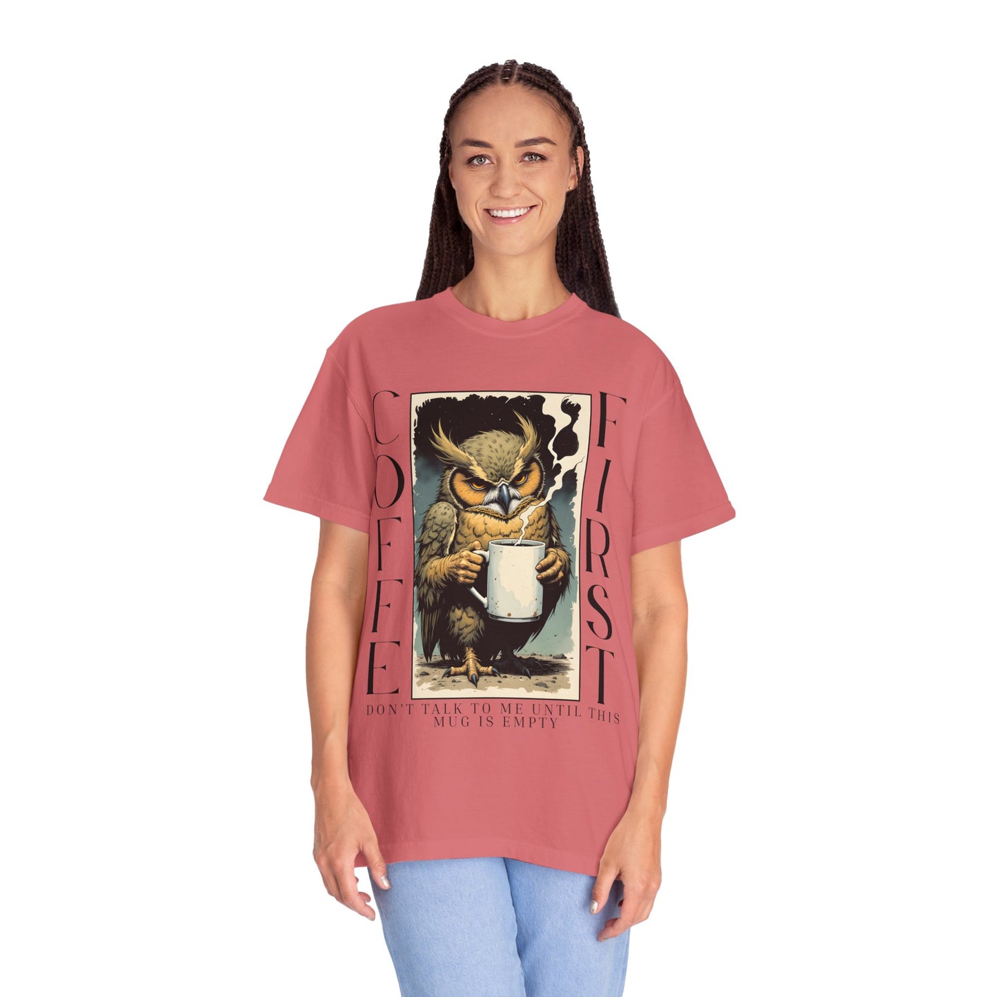 Coffee First Owl T-Shirt — Vintage Owl Holding  Graphic Tee