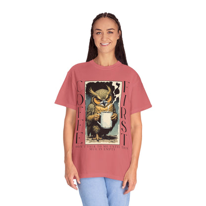 Coffee First Owl T-Shirt — Vintage Owl Holding  Graphic Tee
