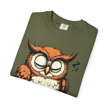 Sleepy Owl Coffee T-Shirt — "Gimme a Minute" Cute Morning Tee