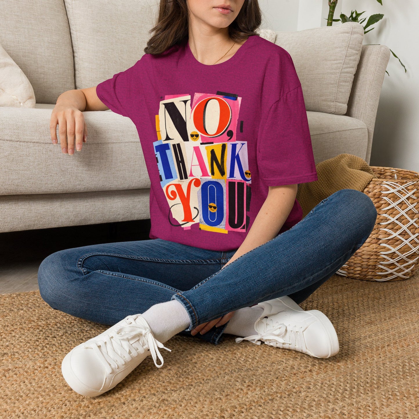 No, Thank You Graphic Tee — Colorful Bold Lettering T‑Shirt