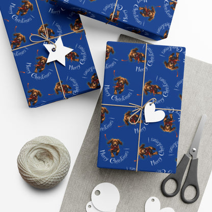 Blue Holiday Wrapping Paper with Reindeer & "Merry Christmas" Pattern