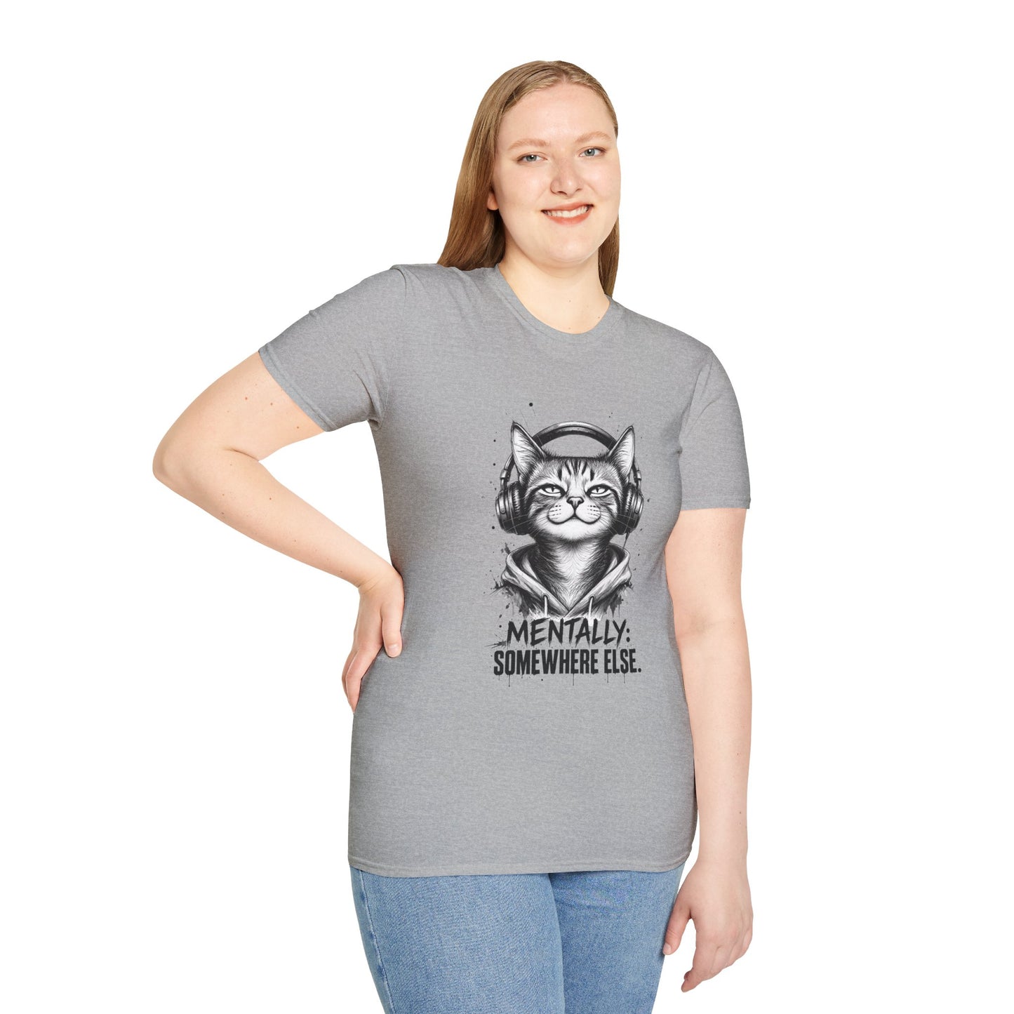T-Shirt — Cat with Headphones "Mentally: Somewhere Else" – Cute Relaxed Graphic Tee for Cat Lovers