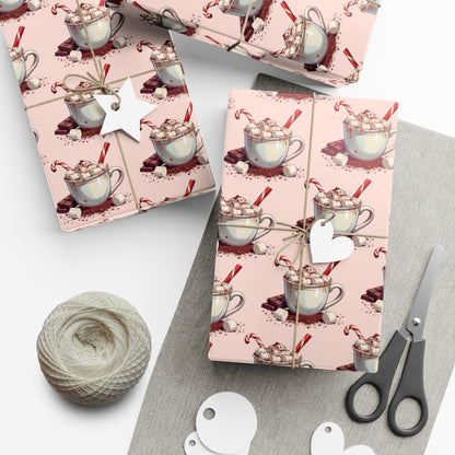 Tea Cup Pattern Gift Wrap Paper — Pink Hot Cocoa & Candy Cane Holiday Wrapping Paper