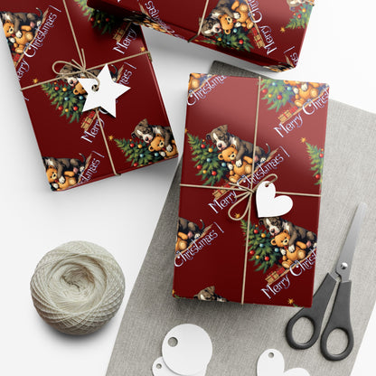 Christmas Tree & Teddy Bear Gift Wrap Paper — 'Merry Christmas' Holiday Wrapping Sheets