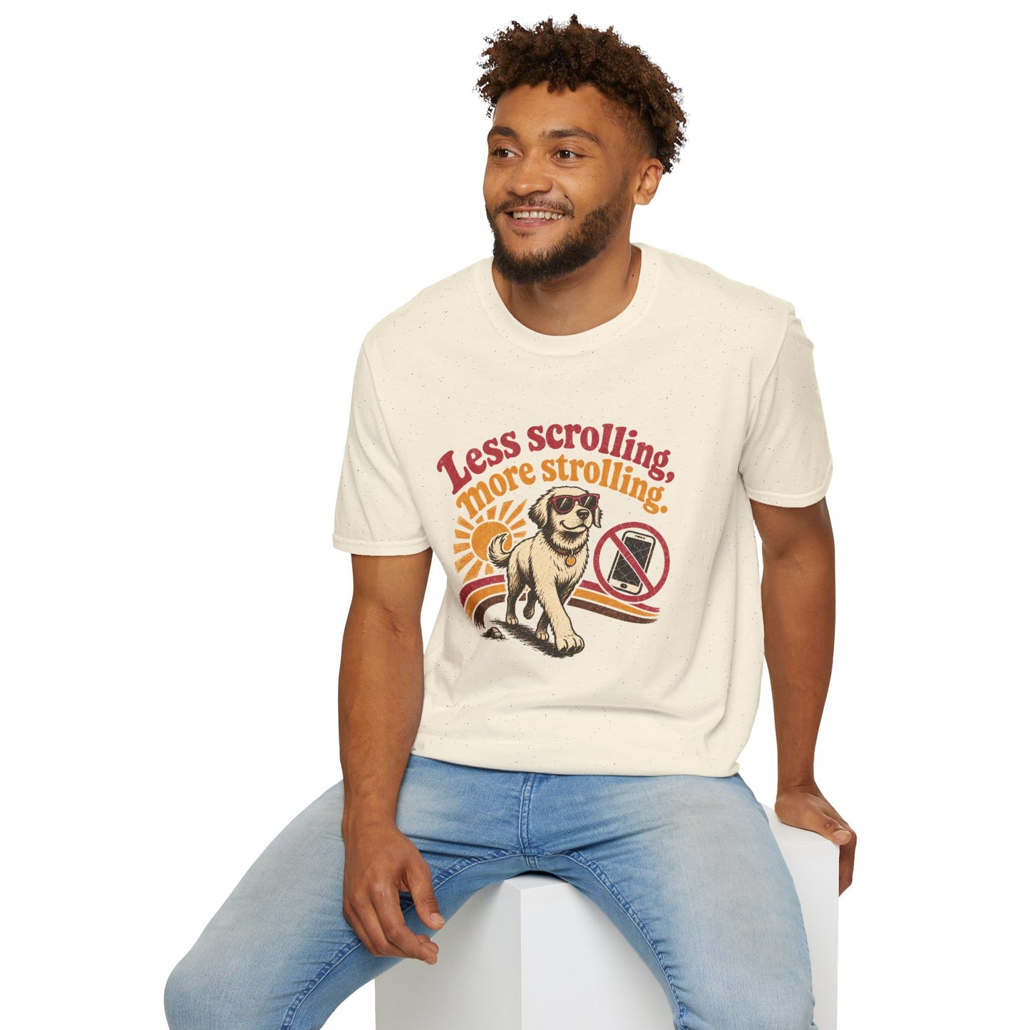 Less Scrolling More Strolling T-Shirt — Retro Dog Walk Graphic Tee