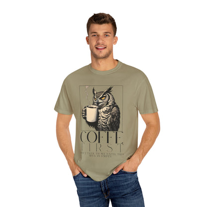 Coffee First Owl T-Shirt — Coffee Lover Graphic Tee