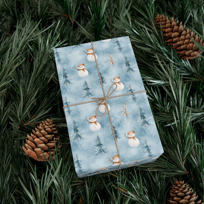 Snowman & Pine Holiday Gift Wrap Paper — Blue Winter Christmas Wrapping Sheets