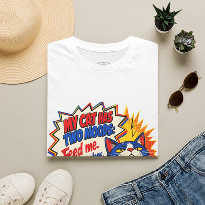 Cat T-Shirt — "My Cat Has Two Moods: Feed Me, Leave Me Alone" Funny Retro Comic Tee