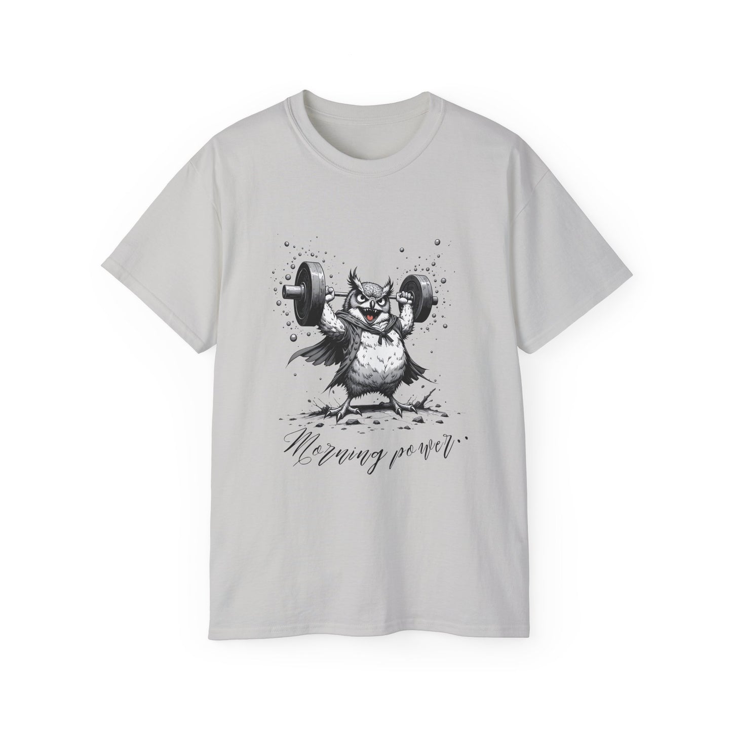 Weightlifting Owl Graphic Tee — "Morning Power" Fitness T-Shirt