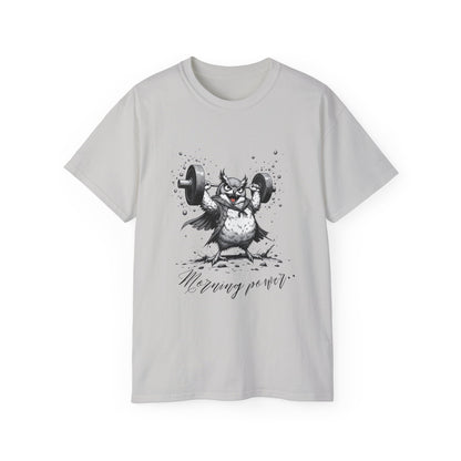 Weightlifting Owl Graphic Tee — "Morning Power" Fitness T-Shirt