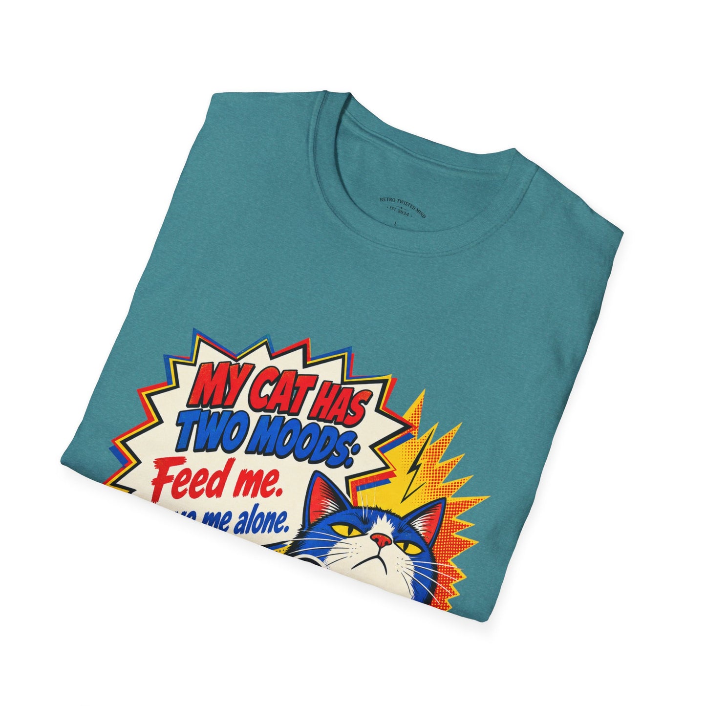 Cat T-Shirt — "My Cat Has Two Moods: Feed Me, Leave Me Alone" Funny Retro Comic Tee
