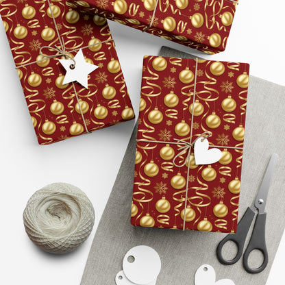 Christmas Gift Wrap Paper - Red & Gold Ornament Pattern, Holiday Wrapping Sheets