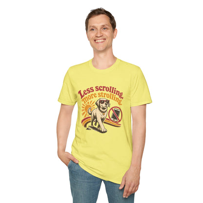 Less Scrolling More Strolling T-Shirt — Retro Dog Walk Graphic Tee