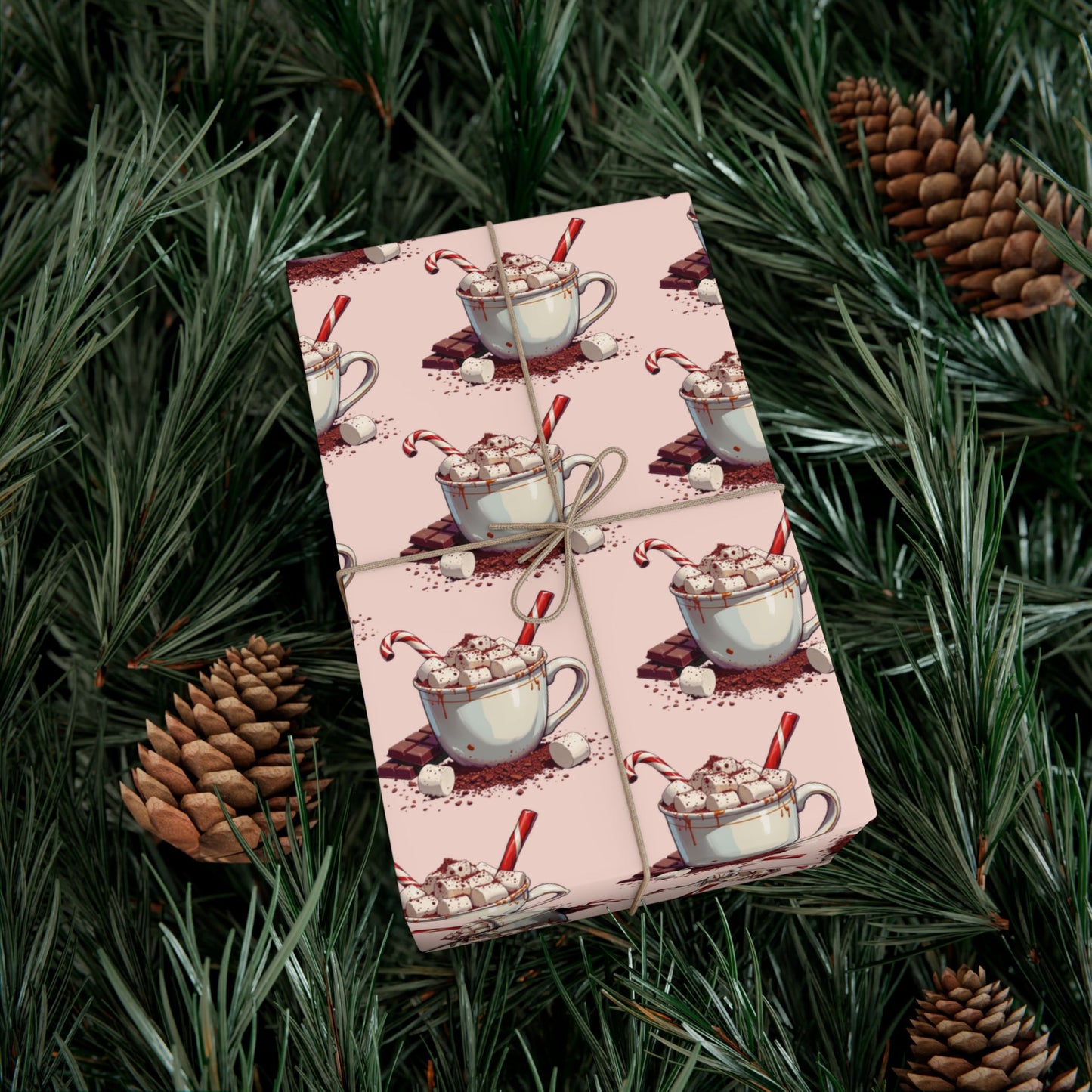 Tea Cup Pattern Gift Wrap Paper — Pink Hot Cocoa & Candy Cane Holiday Wrapping Paper