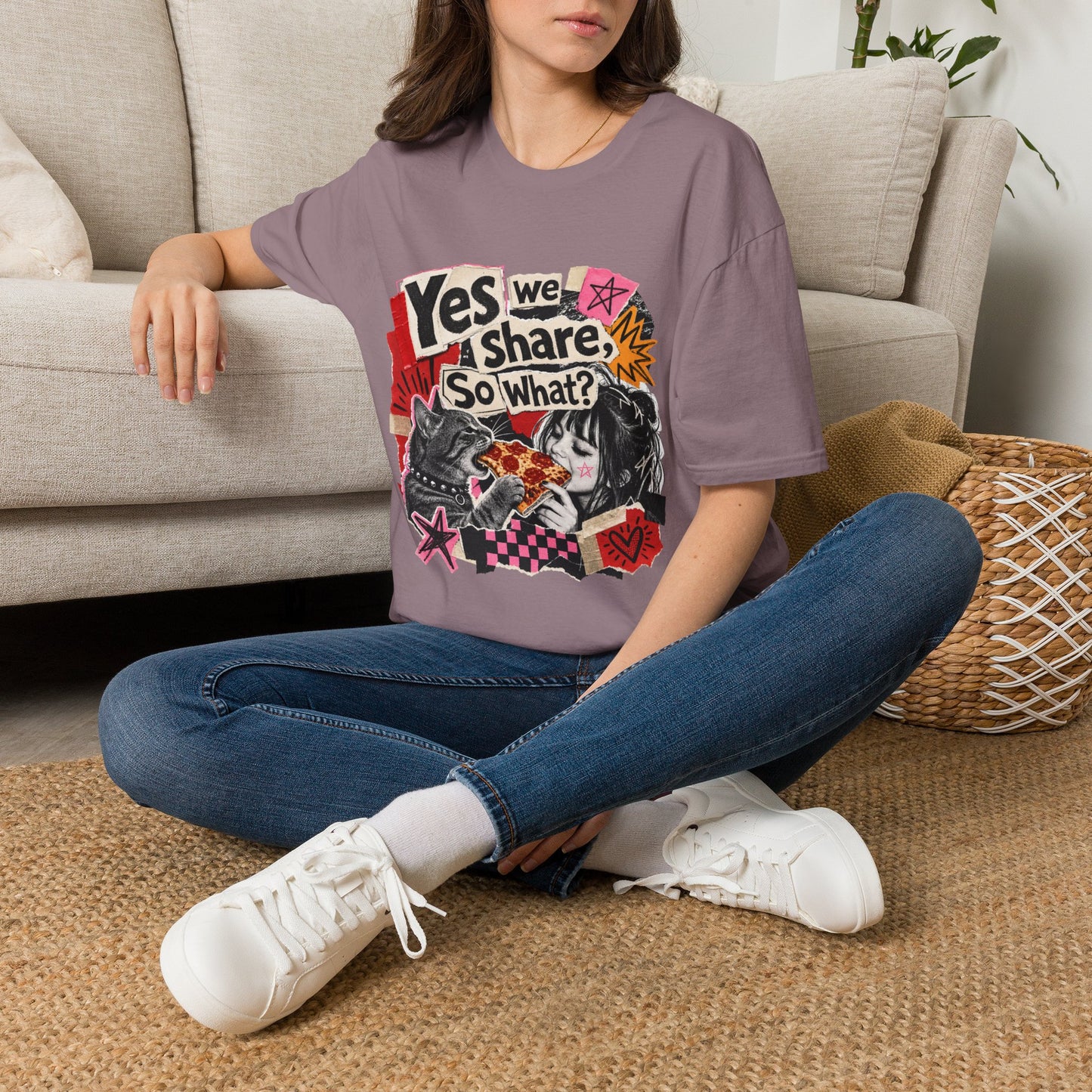 T-Shirt — "Yes We Share, So What?" Retro Collage Graphic Tee