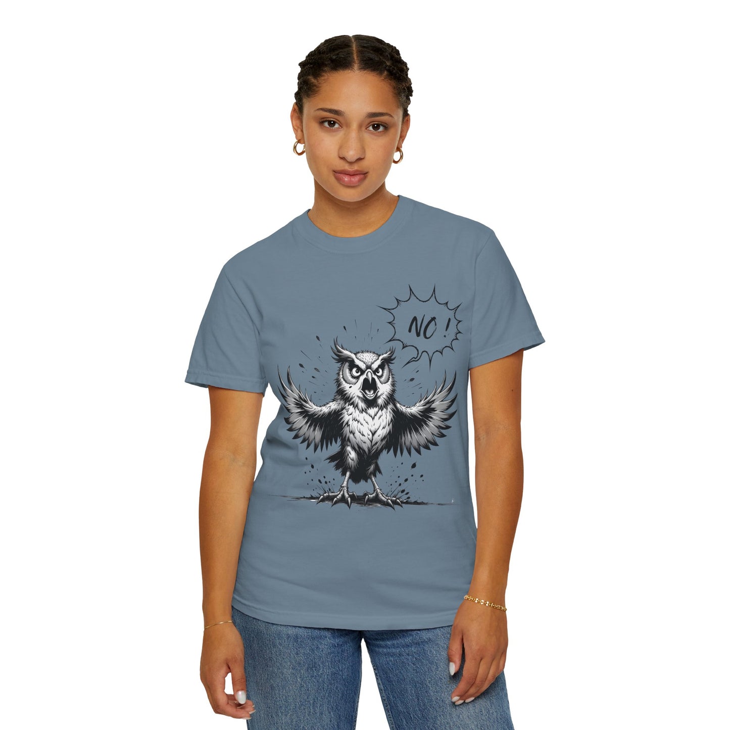 Owl Saying “No” Graphic T-Shirt — Bold Monochrome Illustration