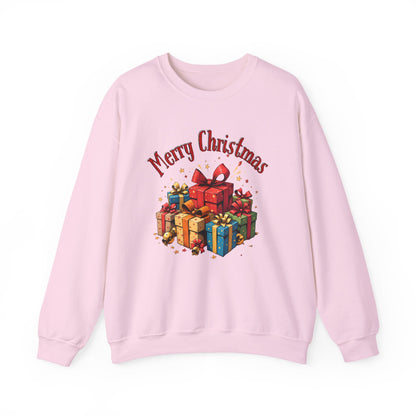 Christmas Crewneck Sweatshirt — "Merry Christmas" with Festive Gift Pile