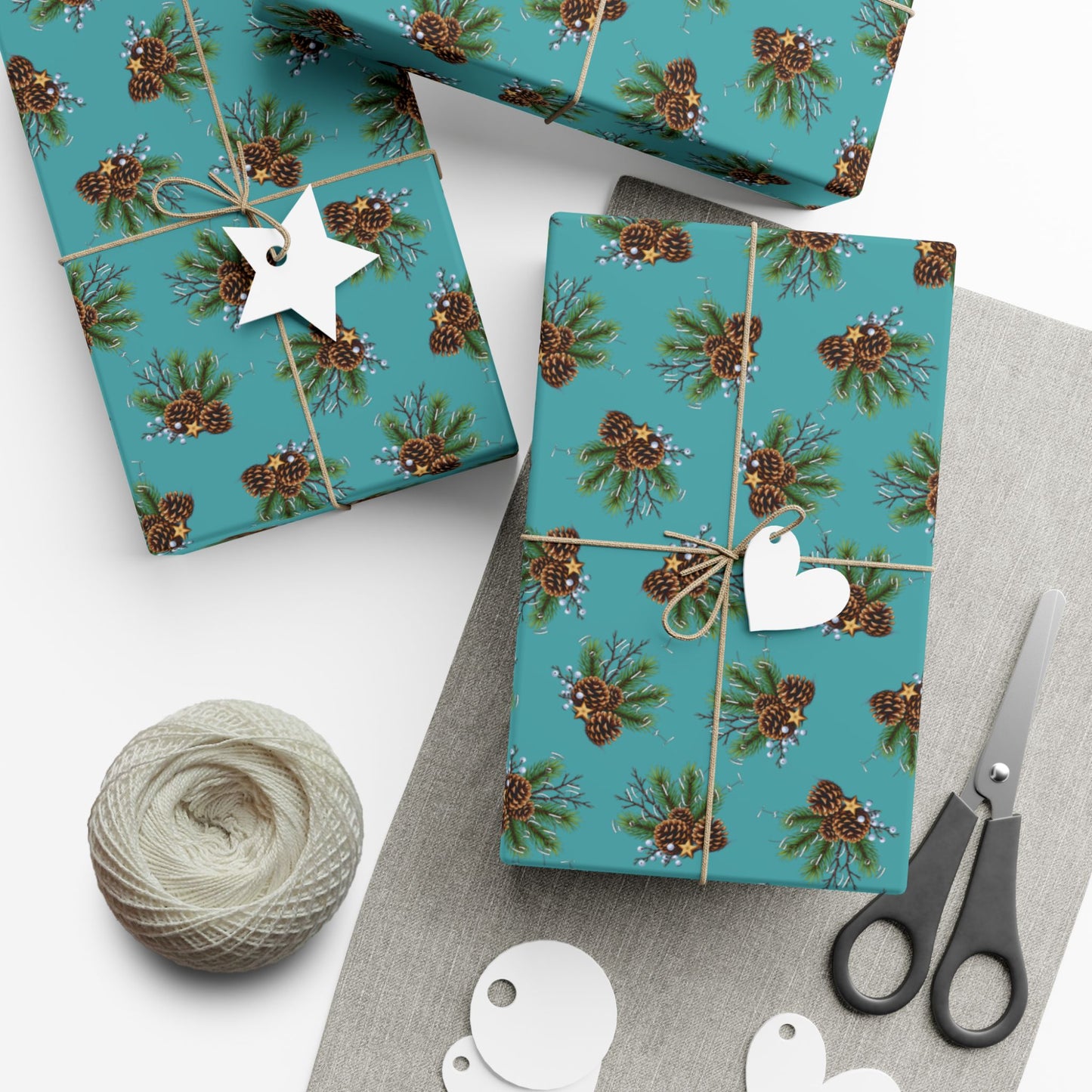 Pinecone Bouquet Gift Wrap - Rustic Teal Holiday Wrapping Paper