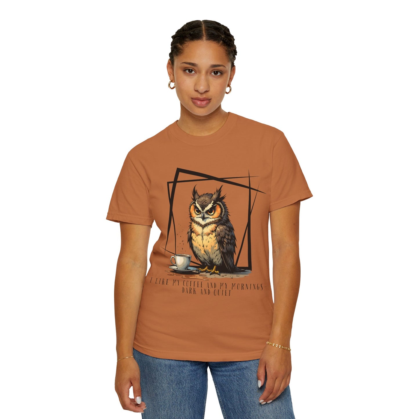 Owl & Coffee Graphic T-Shirt — 'A Day to Coffee and Contemplate'