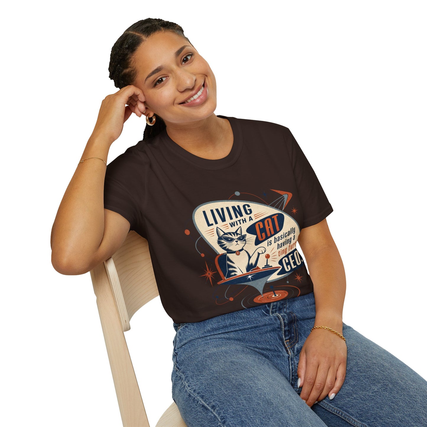 Cat T-Shirt — "Living with a Cat is Basically Having a Furry CEO" Retro Graphic