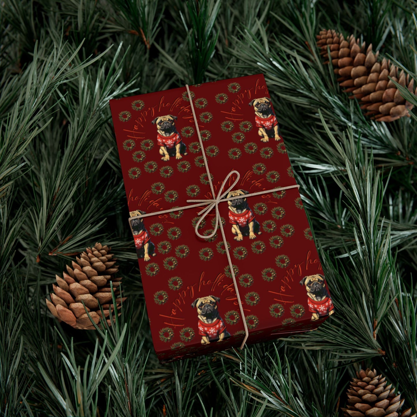 Pug Pattern Gift Wrap Paper — Vintage Floral Red Holiday Wrapping