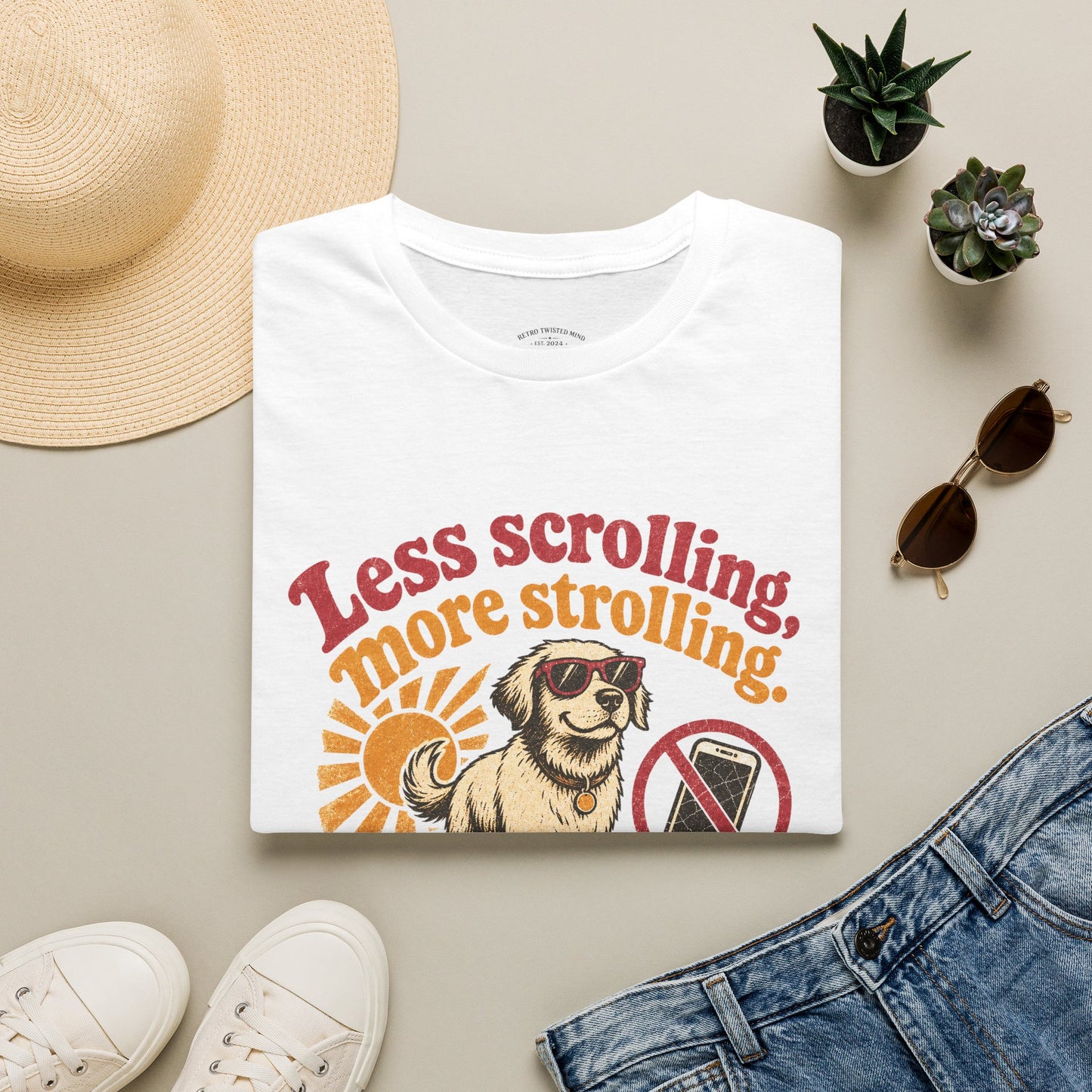 Less Scrolling More Strolling T-Shirt — Retro Dog Walk Graphic Tee