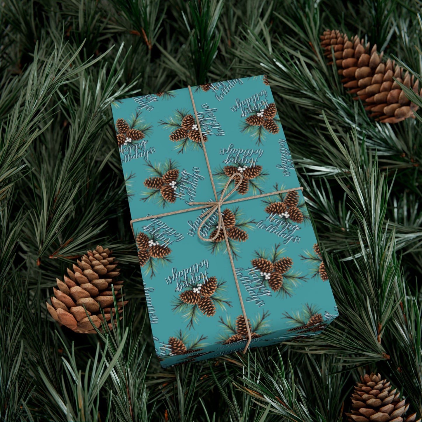 Pinecone & Spruce Teal Gift Wrap Paper – Rustic Holiday Wrapping Sheets