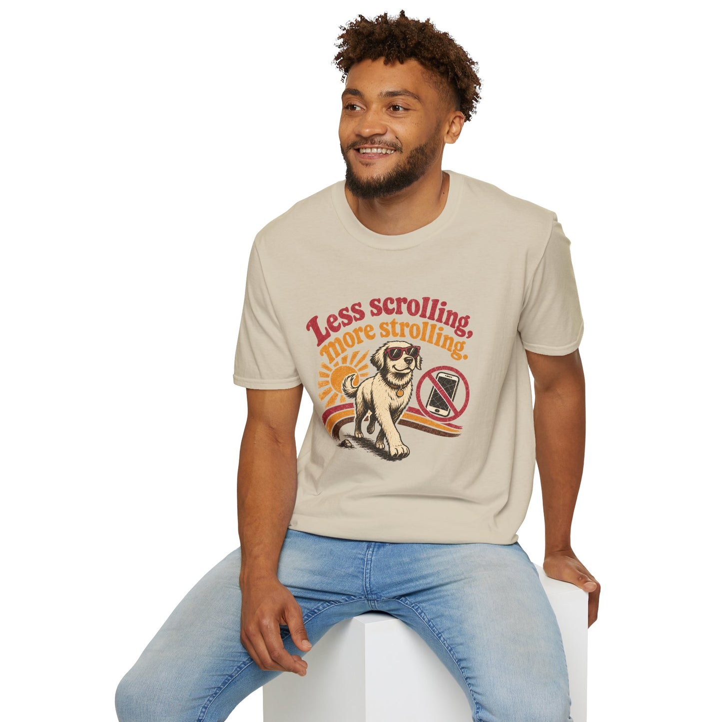 Less Scrolling More Strolling T-Shirt — Retro Dog Walk Graphic Tee